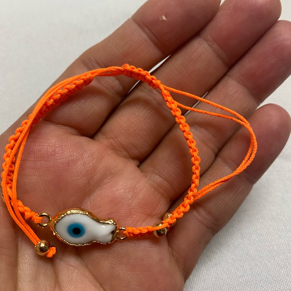 Orange   Macrame White  Fish Evil Eye Bracelet